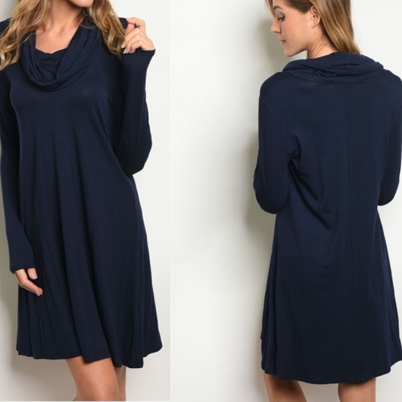 Navy Blue Long Sleeve Cowl Neck Jersey Swing Dress - Picture 1 of 4